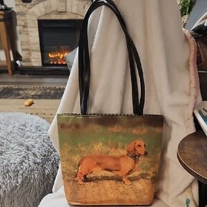 Dachshund Print Tote Bag. So Cute Rhinestones Collar Both Sides.
